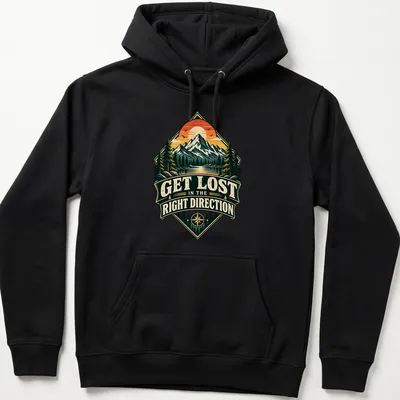 Retro hiking t-shirt with mountain landscape and inspirational text — printed on a unisex hoodie