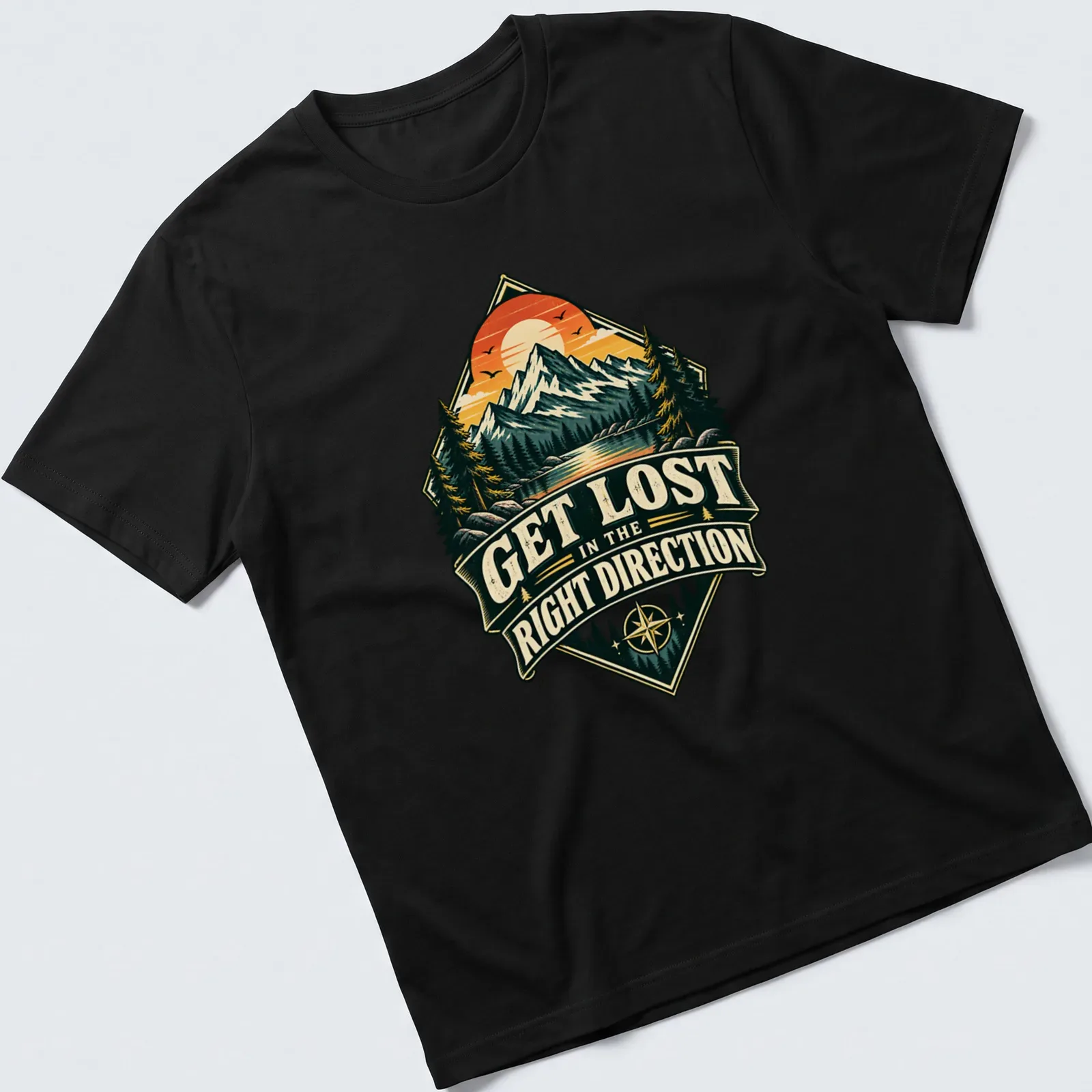 Retro hiking t-shirt with mountain landscape and inspirational text — printed on a unisex t-shirt
