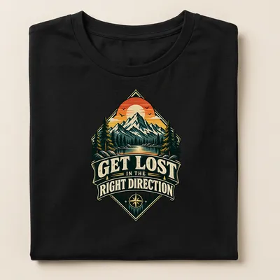 Retro hiking t-shirt with mountain landscape and inspirational text — printed on a women's shirt