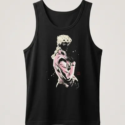 Sumi E styled artwork of Giorno Giovanna in pink, black, and white — printed on a tank top
