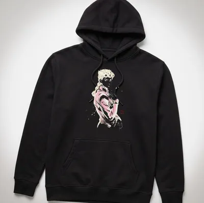 Sumi E styled artwork of Giorno Giovanna in pink, black, and white — printed on a unisex hoodie