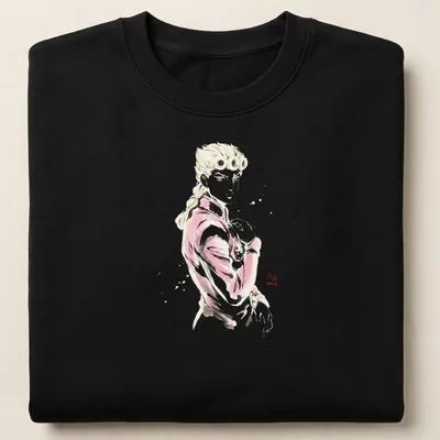 Sumi E styled artwork of Giorno Giovanna in pink, black, and white — printed on a unisex sweatshirt