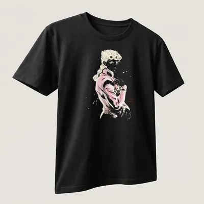 Sumi E styled artwork of Giorno Giovanna in pink, black, and white — printed on a unisex t-shirt (angled view)