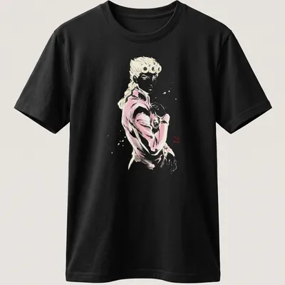Sumi E styled artwork of Giorno Giovanna in pink, black, and white