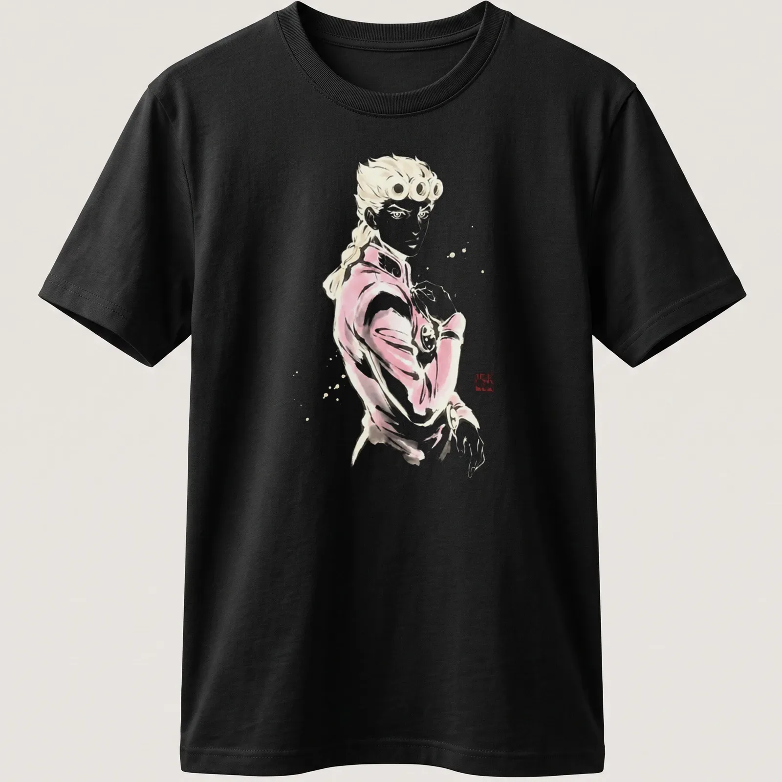 Sumi E styled artwork of Giorno Giovanna in pink, black, and white — printed on a unisex t-shirt