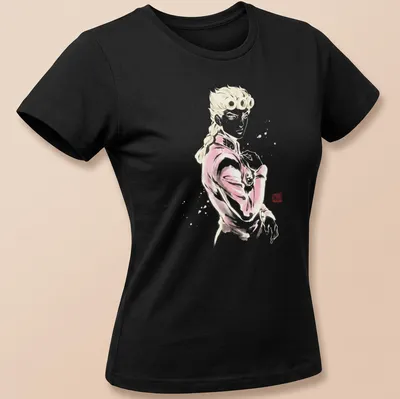 Sumi E styled artwork of Giorno Giovanna in pink, black, and white — printed on a women's shirt