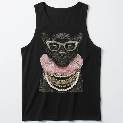 Realistic print of a glamorous panther in sunglasses and jewelry — printed on a tank top