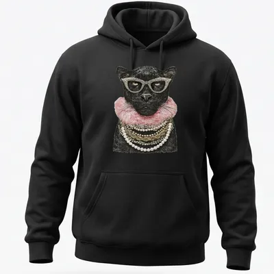 Realistic print of a glamorous panther in sunglasses and jewelry — printed on a unisex hoodie