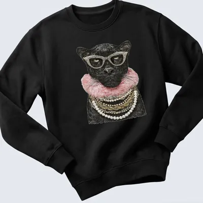 Realistic print of a glamorous panther in sunglasses and jewelry — printed on a unisex sweatshirt