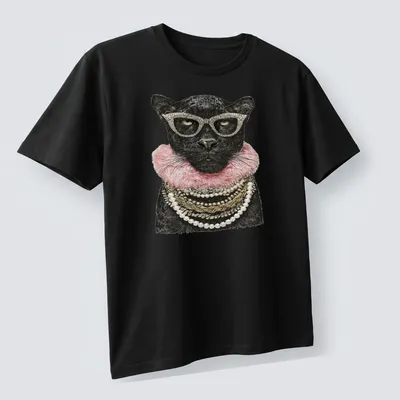 Realistic print of a glamorous panther in sunglasses and jewelry — printed on a unisex t-shirt (angled view)