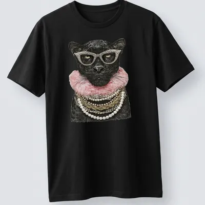 Realistic print of a glamorous panther in sunglasses and jewelry