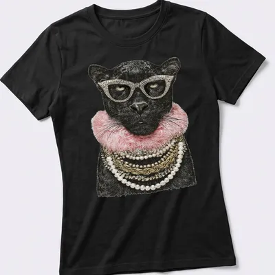 Realistic print of a glamorous panther in sunglasses and jewelry — printed on a women's shirt