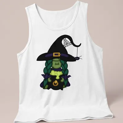 Kawaii cartoon green witch with spider in colorful Halloween design — printed on a tank top