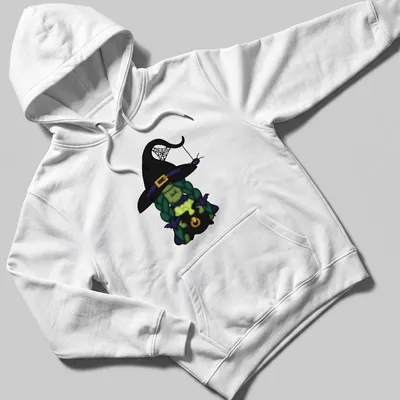 Kawaii cartoon green witch with spider in colorful Halloween design — printed on a unisex hoodie