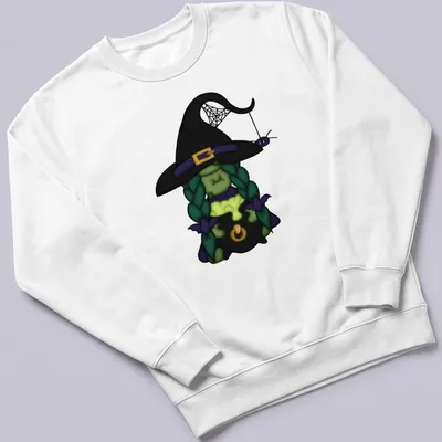 Kawaii cartoon green witch with spider in colorful Halloween design — printed on a unisex sweatshirt