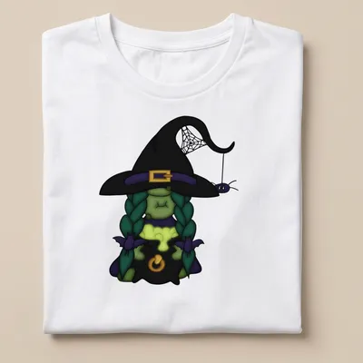 Kawaii cartoon green witch with spider in colorful Halloween design