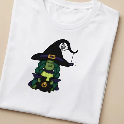 Kawaii cartoon green witch with spider in colorful Halloween design — printed on a women's shirt