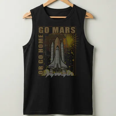 Retro T-shirt featuring a bold graphic of a space shuttle with text reading 'GO MARS OR GO HOME' — printed on a tank top