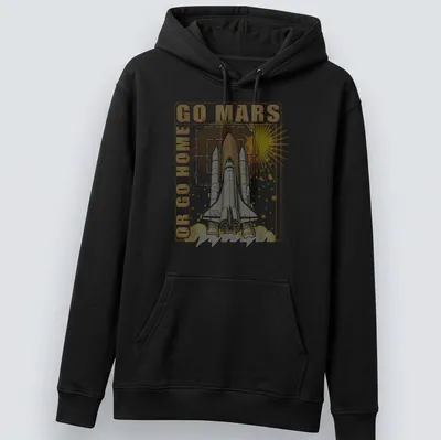 Retro T-shirt featuring a bold graphic of a space shuttle with text reading 'GO MARS OR GO HOME' — printed on a unisex hoodie