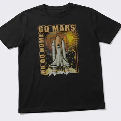 Retro T-shirt featuring a bold graphic of a space shuttle with text reading 'GO MARS OR GO HOME'