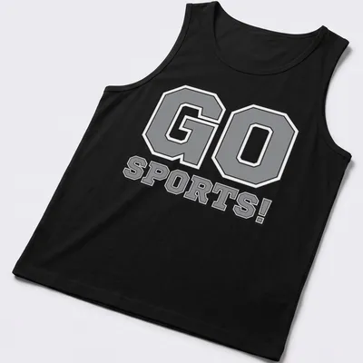 Bold graphic tee with the text 'GO SPORTS!' in energetic typography — printed on a tank top