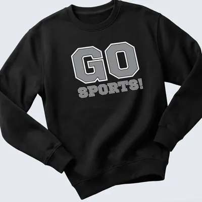 Bold graphic tee with the text 'GO SPORTS!' in energetic typography — printed on a unisex sweatshirt
