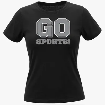Bold graphic tee with the text 'GO SPORTS!' in energetic typography — printed on a women's shirt