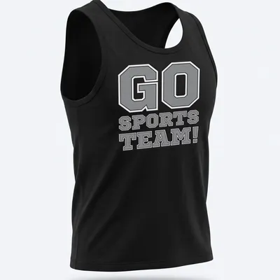 Bold collegiate print of GO SPORTS TEAM! in gray, black, and white. — printed on a tank top