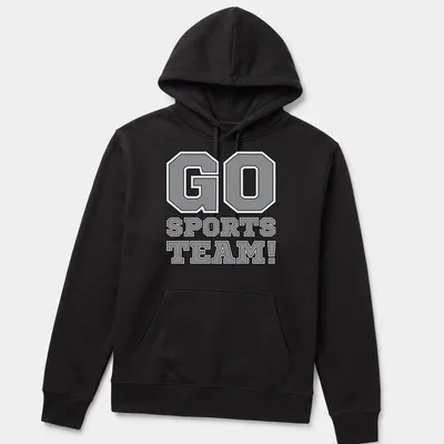 Bold collegiate print of GO SPORTS TEAM! in gray, black, and white. — printed on a unisex hoodie