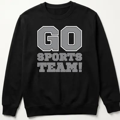 Bold collegiate print of GO SPORTS TEAM! in gray, black, and white. — printed on a unisex sweatshirt