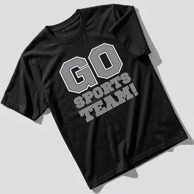 Bold collegiate print of GO SPORTS TEAM! in gray, black, and white.