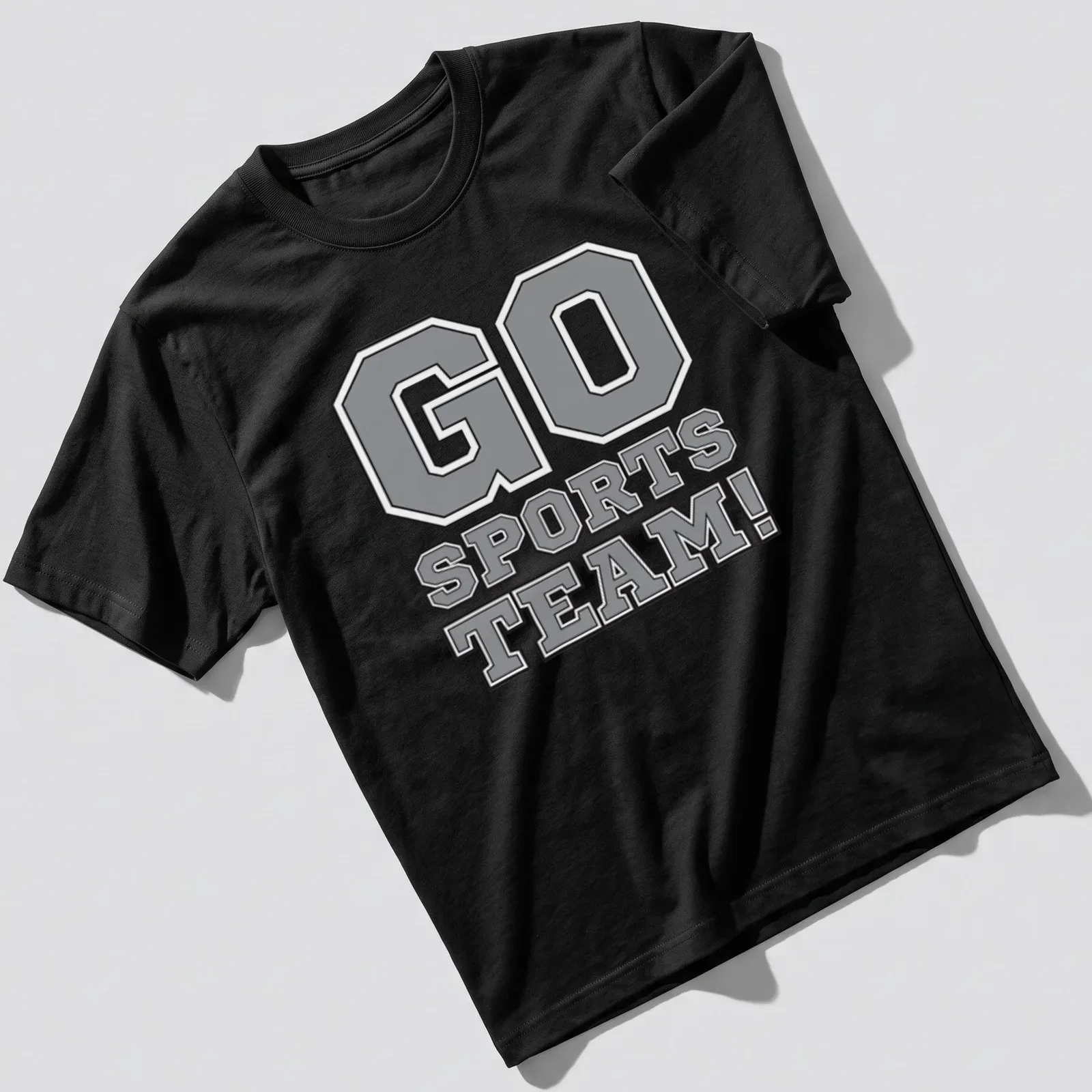 Bold collegiate print of GO SPORTS TEAM! in gray, black, and white. — printed on a unisex t-shirt