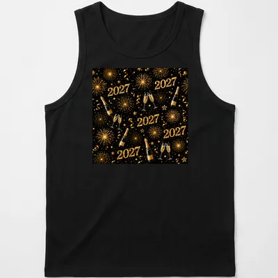 A festive pattern showing champagne bottles and glasses with fireworks and the year 2027. — printed on a tank top
