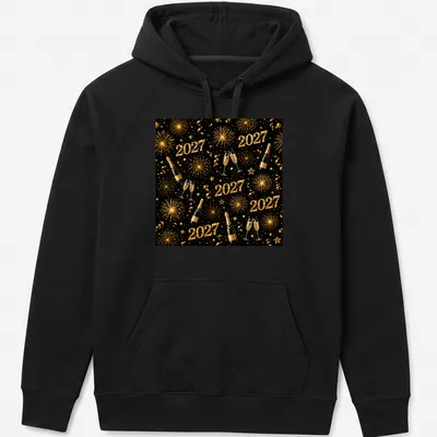 A festive pattern showing champagne bottles and glasses with fireworks and the year 2027. — printed on a unisex hoodie