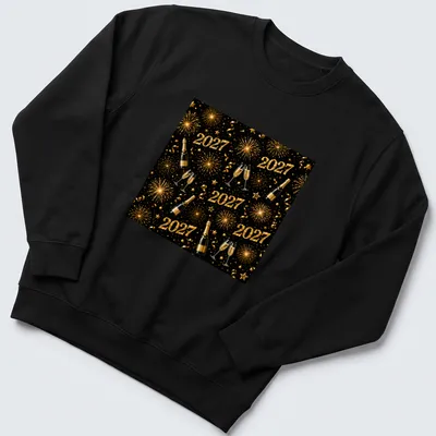 A festive pattern showing champagne bottles and glasses with fireworks and the year 2027. — printed on a unisex sweatshirt
