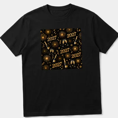A festive pattern showing champagne bottles and glasses with fireworks and the year 2027.