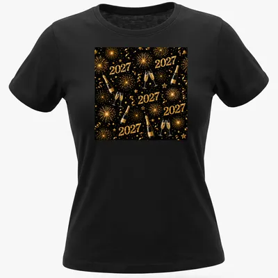 A festive pattern showing champagne bottles and glasses with fireworks and the year 2027. — printed on a women's shirt