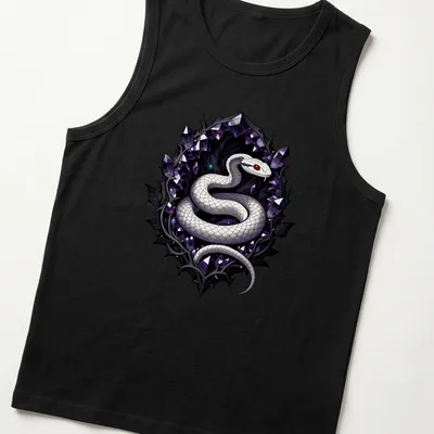 Gothic style print of a white snake with purple, black, and red accents. — printed on a tank top