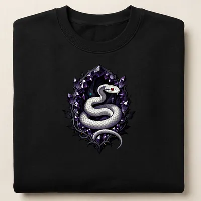 Gothic style print of a white snake with purple, black, and red accents. — printed on a unisex sweatshirt