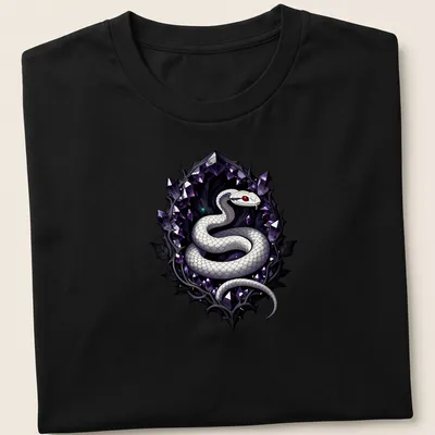 Gothic style print of a white snake with purple, black, and red accents.