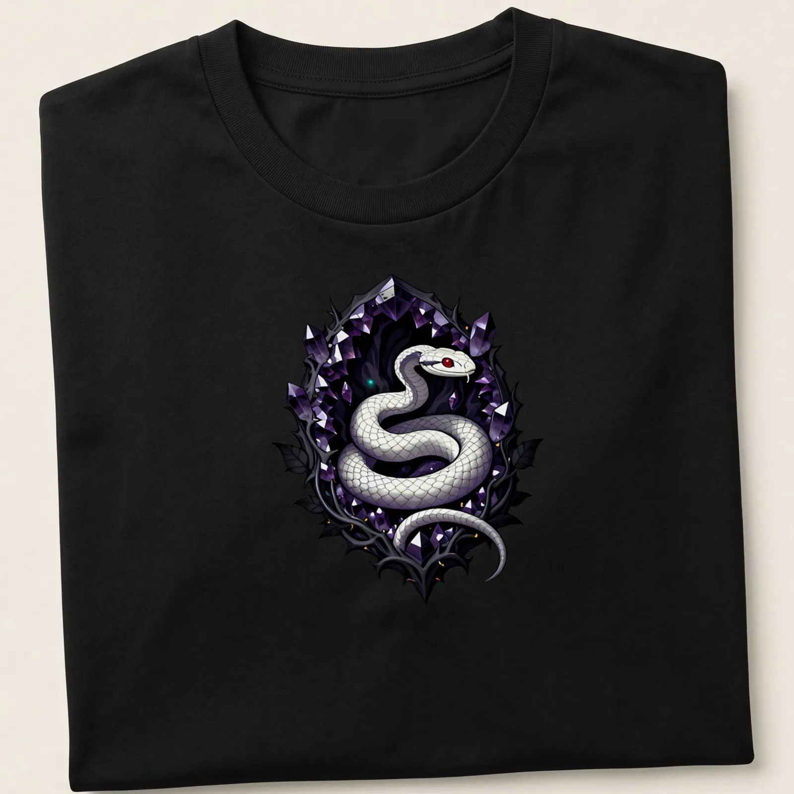 Gothic style print of a white snake with purple, black, and red accents. — printed on a unisex t-shirt