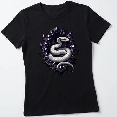 Gothic style print of a white snake with purple, black, and red accents. — printed on a women's shirt