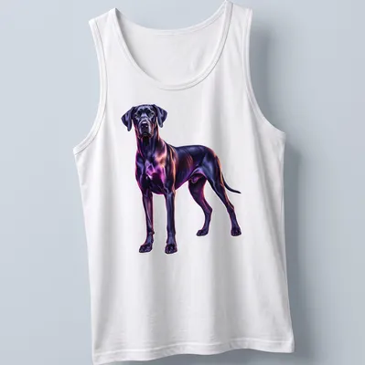 Neon portrait of a Great Dane dog in purple and pink against black — printed on a tank top