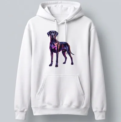Neon portrait of a Great Dane dog in purple and pink against black — printed on a unisex hoodie