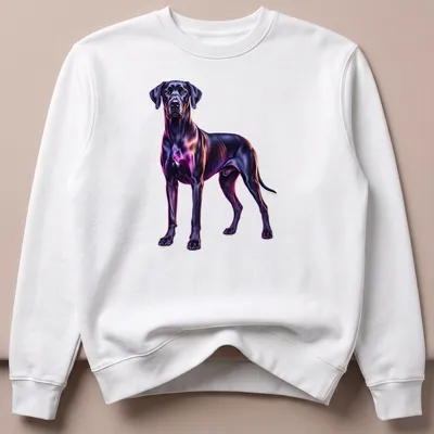 Neon portrait of a Great Dane dog in purple and pink against black — printed on a unisex sweatshirt