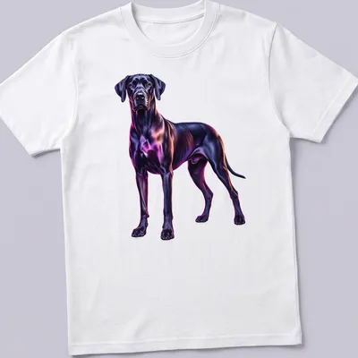 Neon portrait of a Great Dane dog in purple and pink against black