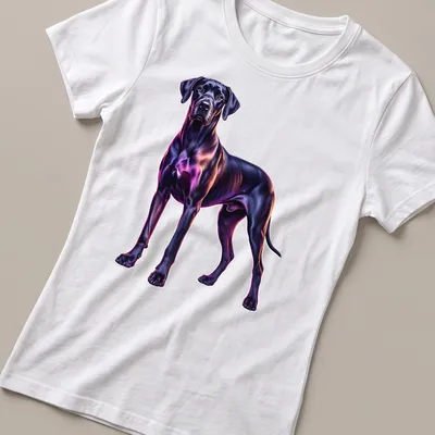 Neon portrait of a Great Dane dog in purple and pink against black — printed on a women's shirt