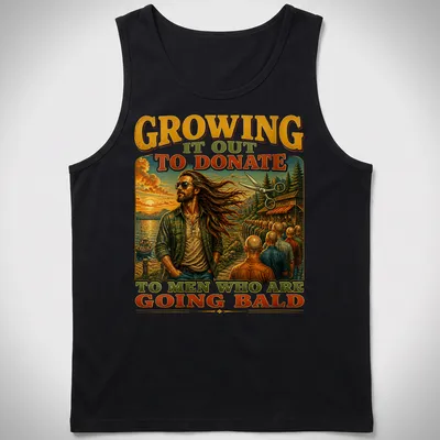 Illustration of a man with long hair and scissors, promoting hair donation — printed on a tank top