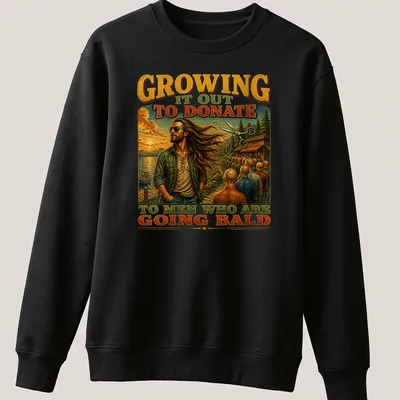 Illustration of a man with long hair and scissors, promoting hair donation — printed on a unisex sweatshirt