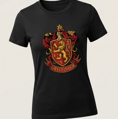 Gryffindor Crest T-shirt featuring a lion emblem in red, gold, and black — printed on a women's shirt